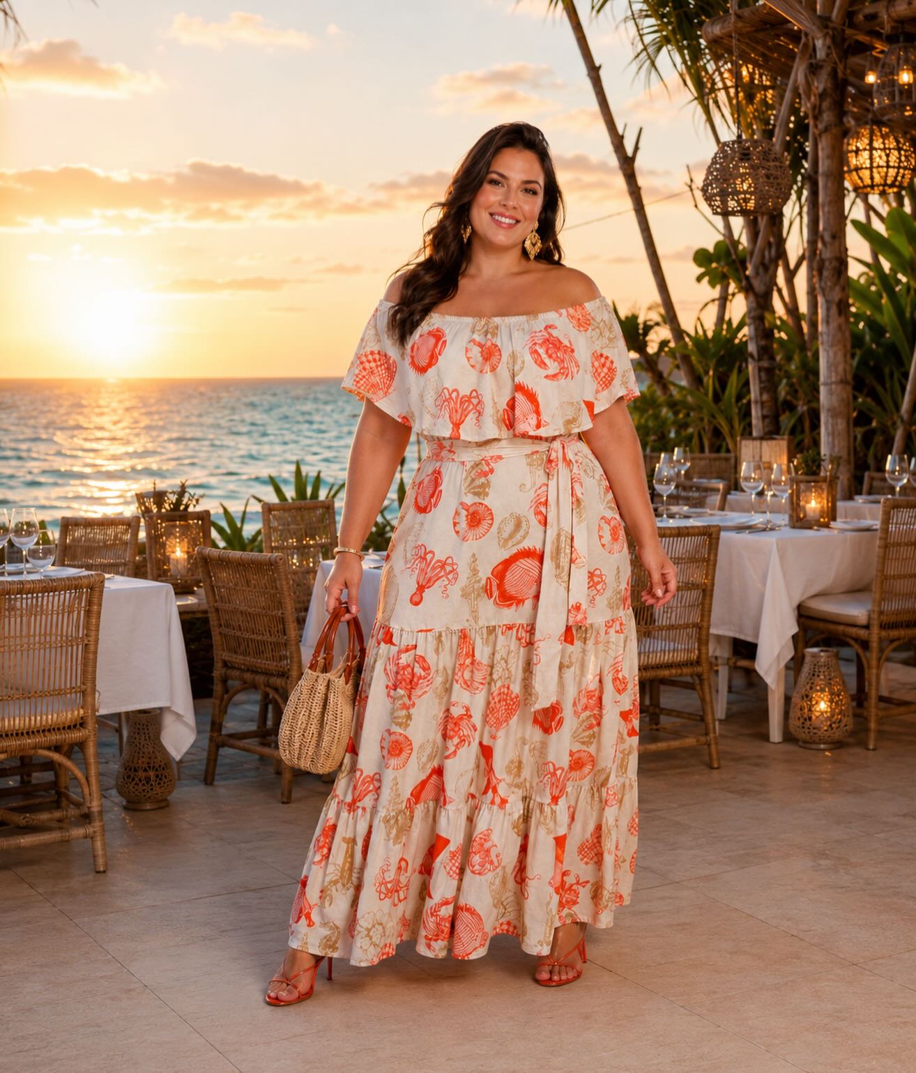 Vestido floral Love By Me em um cenário tropical ao pôr do sol